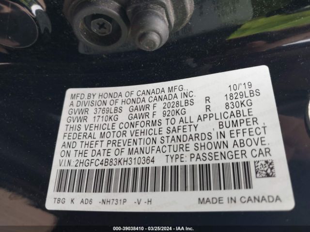 2HGFC4B83KH310364 Honda Civic Sport