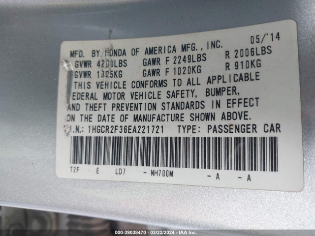 Honda ACCORD LX 2014 1HGCR2F36EA221721 Image 9