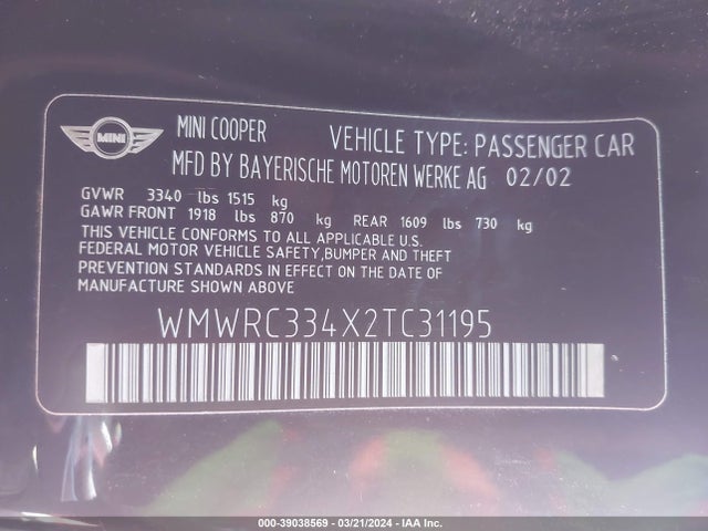 2002 MINI COOPER WMWRC334X2TC31195 Photo 8