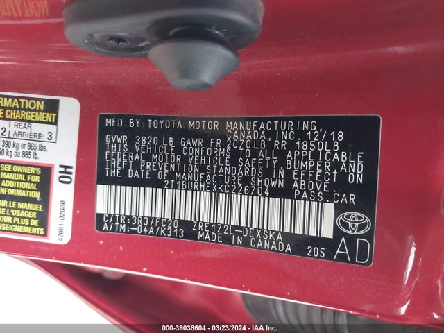 Toyota COROLLA SE 2019 2T1BURHEXKC226704 Image 9