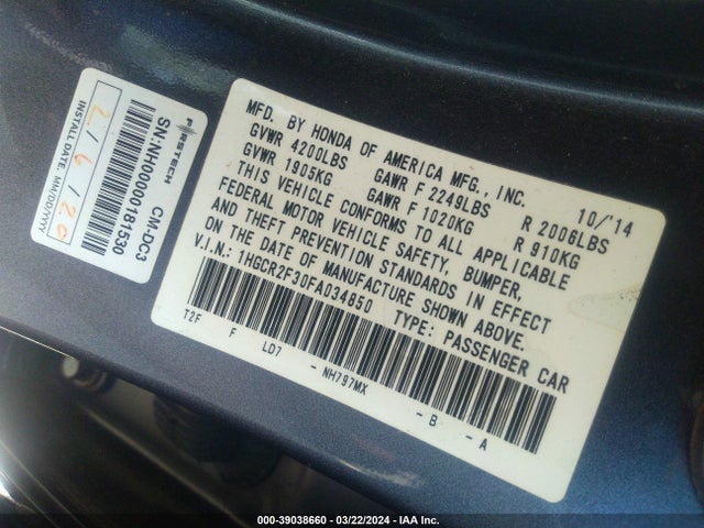 Honda ACCORD LX 2015 1HGCR2F30FA034850 Image 9