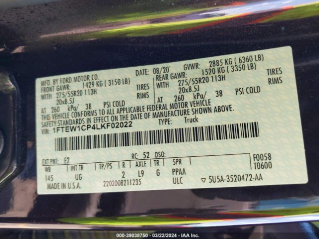 1FTEW1CP4LKF02022 Ford F-150 Xlt