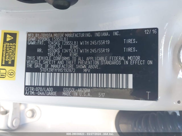 Toyota Highlander Limited 2017 5TDYZRFH1HS192872 Image 9