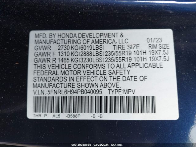 5FNRL6H94PB040095 Honda Odyssey Elite