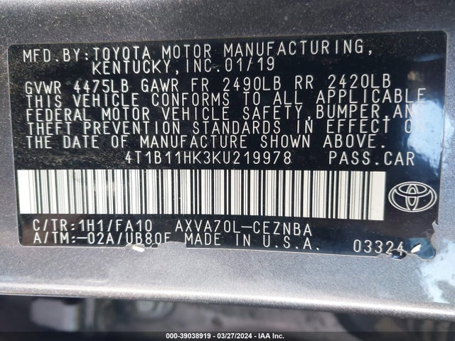 Toyota CAMRY LE 2019 4T1B11HK3KU219978 Image 9