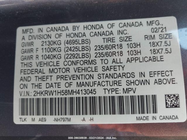 2HKRW1H58MH413045 Honda Cr-v 2wd Ex