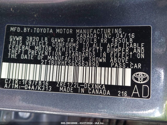 Toyota COROLLA LE 2016 2T1BURHE5GC663890 Image 9