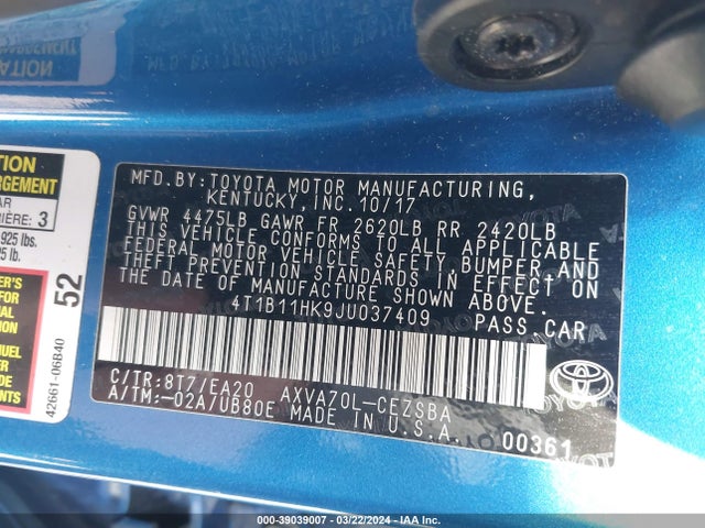 Toyota CAMRY SE 2018 4T1B11HK9JU037409 Image 9