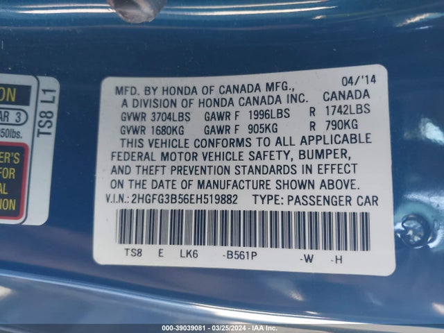 Honda Civic Lx 2014 2HGFG3B56EH519882 Image 9