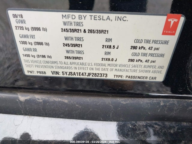 Tesla Model S 100d/75d/p100d 2018 5YJSA1E47JF282373 Image 9