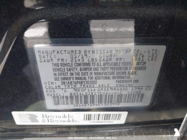 Nissan SENTRA SV 2019 3N1AB7AP4KY303992 Image 9