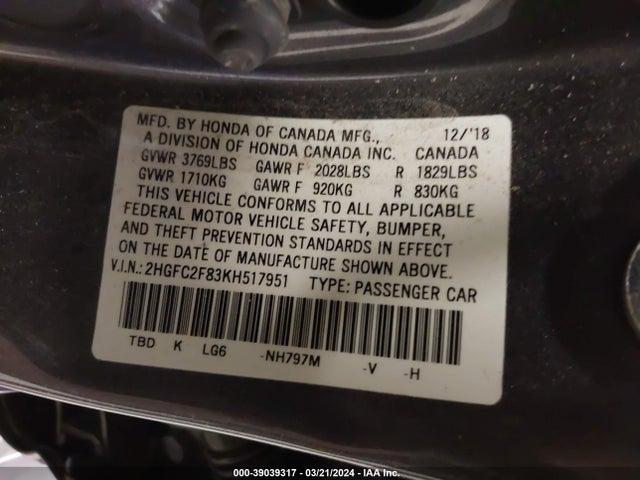 Honda Civic Sport 2019 2HGFC2F83KH517951 Image 9