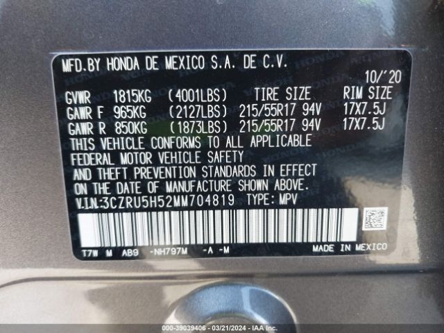 3CZRU5H52MM704819 Honda Hr-v 2wd Ex