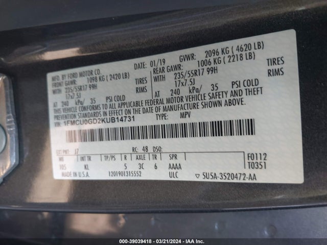 Ford ESCAPE SE 2019 1FMCU0GD2KUB14731 Image 9