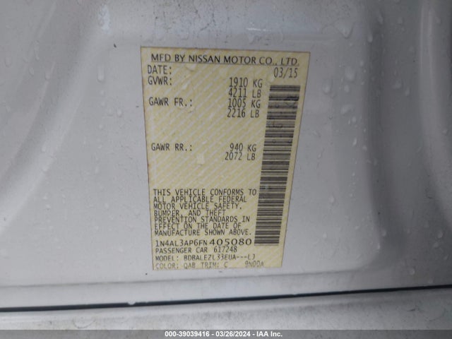 Nissan Altima 2.5 S 2015 1N4AL3AP6FN405080 Image 9