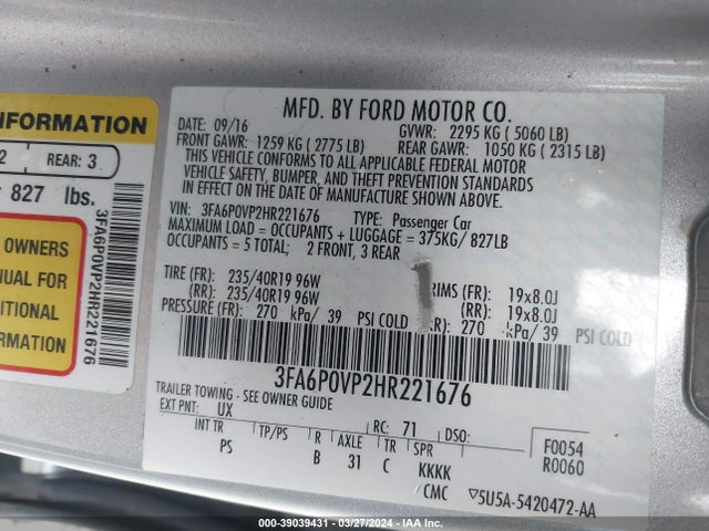 3FA6P0VP2HR221676 Ford Fusion Sport