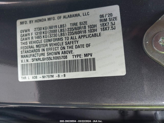 Honda ODYSSEY EX 2020 5FNRL6H55LB065708 Image 9