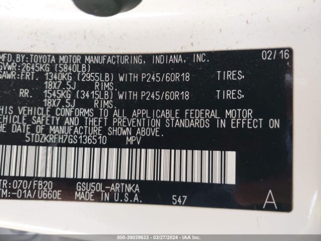 5TDZKRFH7GS136510 Toyota Highlander Le V6