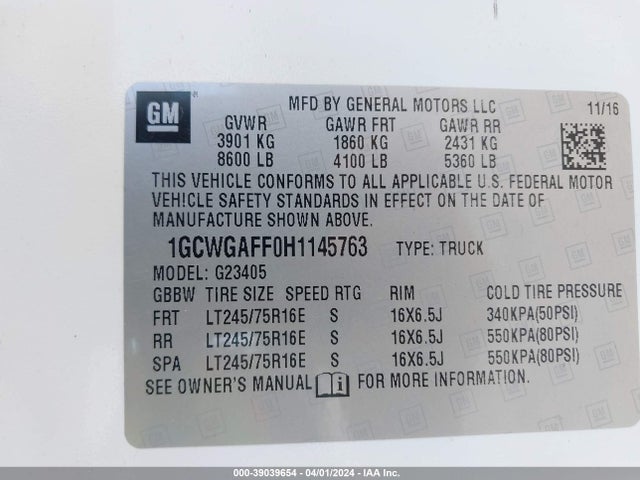 Chevrolet Express 2500 Work Van 2017 1GCWGAFF0H1145763 Image 9
