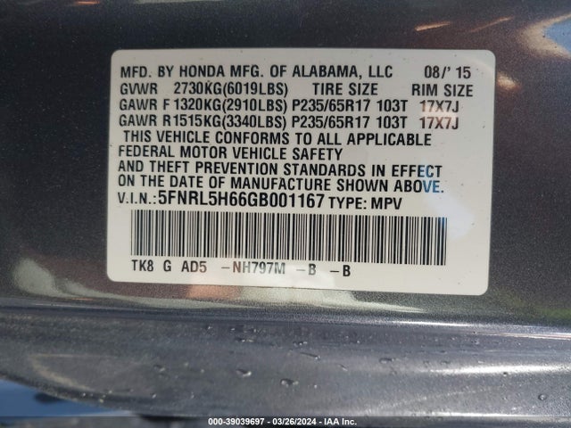 Honda Odyssey Ex-l 2016 5FNRL5H66GB001167 Image 9