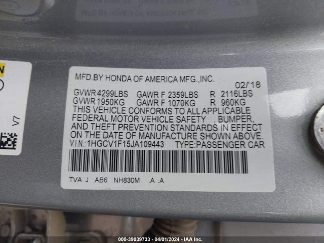Honda ACCORD LX 2018 1HGCV1F15JA109443 Image 9