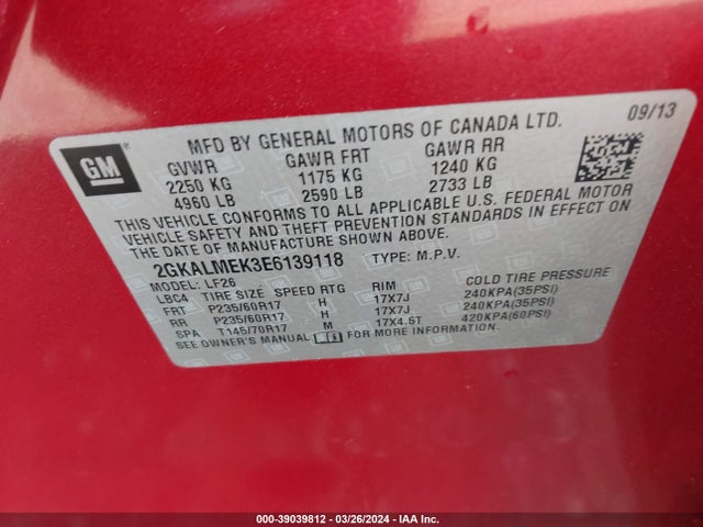 GMC Terrain Sle-1 2014 2GKALMEK3E6139118 Image 9