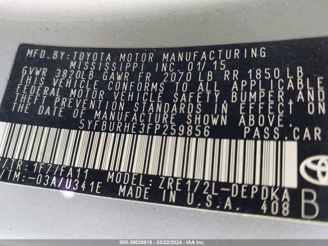 Toyota COROLLA L 2015 5YFBURHE3FP259856 Image 9