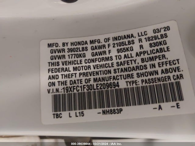 Honda CIVIC EX 2020 19XFC1F30LE209694 Image 9
