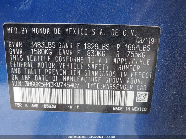 Honda FIT LX 2019 3HGGK5H43KM745467 Image 9