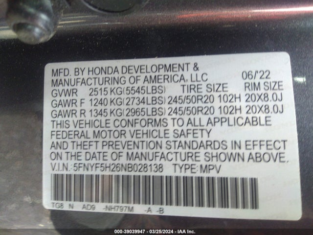 Honda Pilot 2wd Special Edition 2022 5FNYF5H26NB028138 Image 9