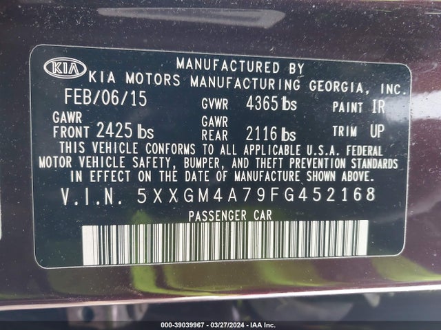 KIA Optima Lx 2015 5XXGM4A79FG452168 Image 9