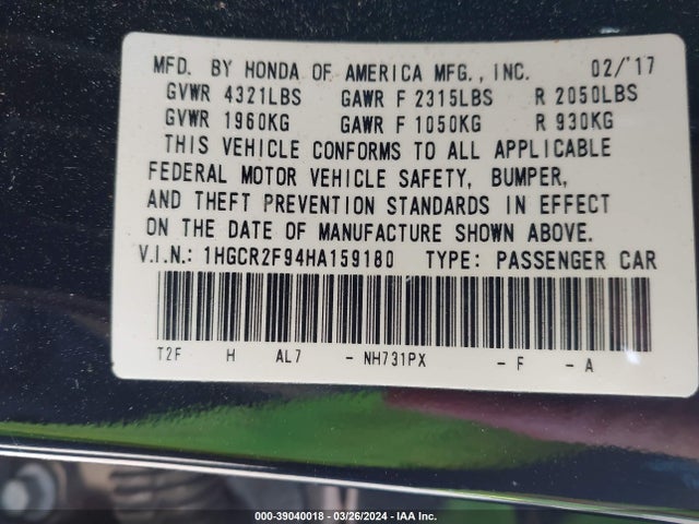 Honda ACCORD EXL 2017 1HGCR2F94HA159180 Image 9