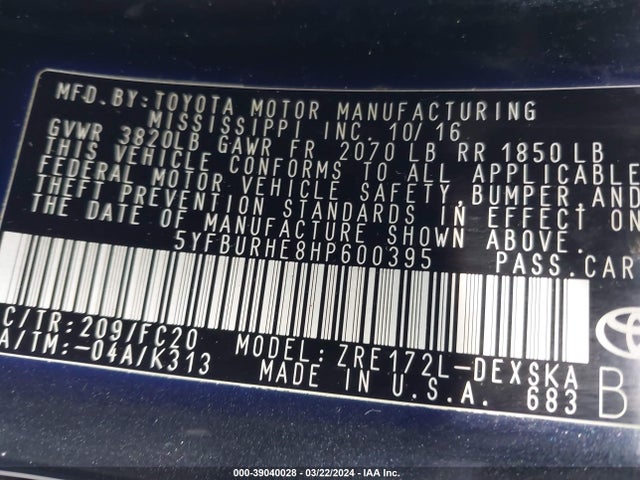 Toyota COROLLA SE 2017 5YFBURHE8HP600395 Image 9