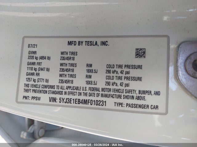 Tesla Model 3 Long Range Dual Motor All-wheel Drive 2021 5YJ3E1EB4MF010231 Image 9
