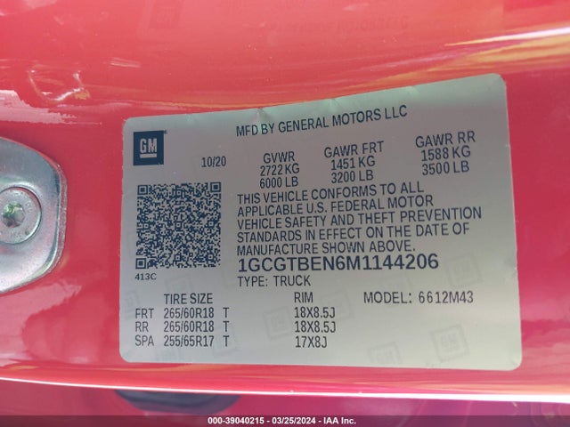 Chevrolet Colorado 2021 1GCGTBEN6M1144206 Image 9