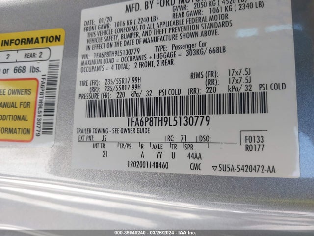 Ford Mustang Ecoboost Fastback 2020 1FA6P8TH9L5130779 Image 9