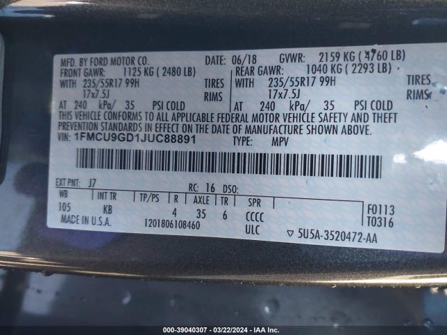Ford ESCAPE SE 2018 1FMCU9GD1JUC88891 Image 9