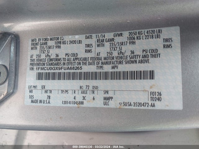 Ford ESCAPE SE 2015 1FMCU0GX9FUA68265 Image 9
