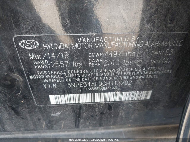 Hyundai Sonata Limited 2016 5NPE34AF9GH413202 Image 9