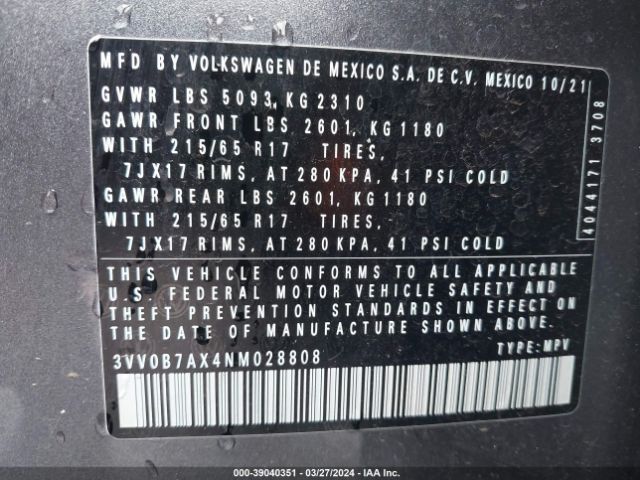 3VV0B7AX4NM028808 Volkswagen Tiguan 2.0t S