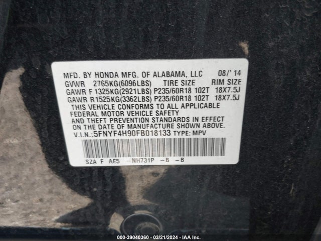 Honda Pilot Touring 2015 5FNYF4H90FB018133 Image 9
