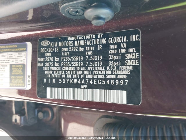 KIA SORENTO SX 2014 5XYKW4A74EG548997 Image 9