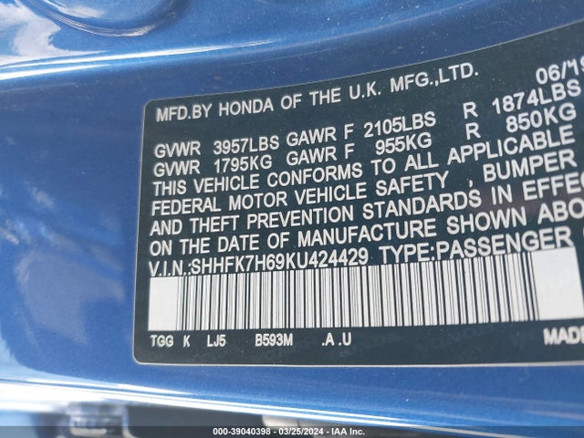 Honda CIVIC EX 2019 SHHFK7H69KU424429 Image 9