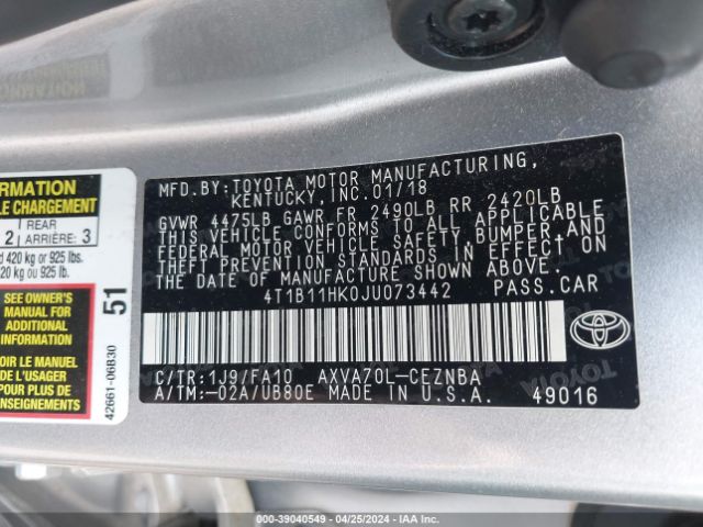 4T1B11HK0JU073442 Toyota CAMRY LE