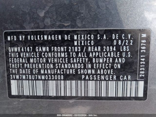 3VW7M7BU7NM033008 Volkswagen Jetta 1.5t Se