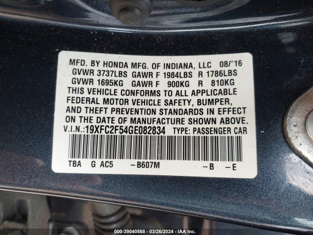Honda Civic Lx 2016 19XFC2F54GE082834 Image 9