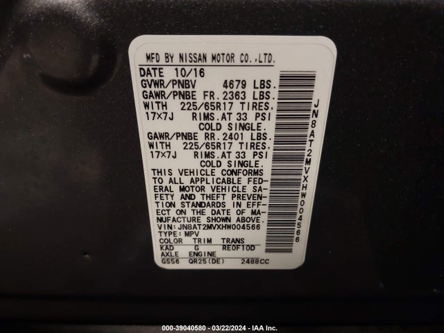 Nissan ROGUE SV 2017 JN8AT2MVXHW004566 Image 9