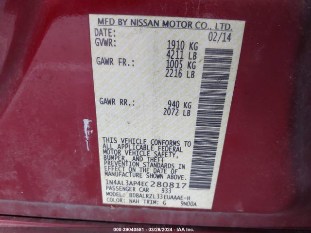 Nissan Altima 2.5 S 2014 1N4AL3AP4EC280817 Image 9