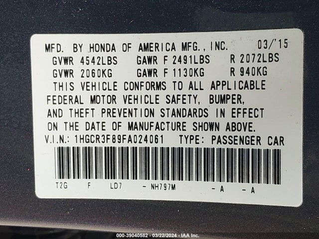 Honda Accord Ex-l V-6 2015 1HGCR3F89FA024061 Image 9