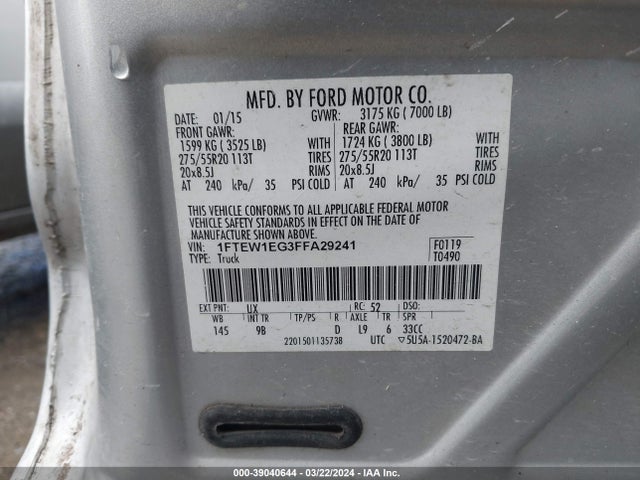 Ford F-150 Platinum 2015 1FTEW1EG3FFA29241 Image 9